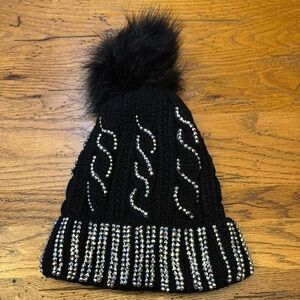 Black Knit Beanie with Rhinestones and Pom Pom